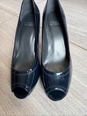 Stuart Weitzman Navy Patent Peep-Toe Heels